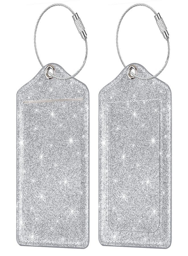 Coco Rossi (Set of 2) Luggage Tag Leather Privacy Cover ID Label Address Card with Stainless Steel Loop, Travel Bag Tags Suitcase Labels, Glitter Silver - Image 1